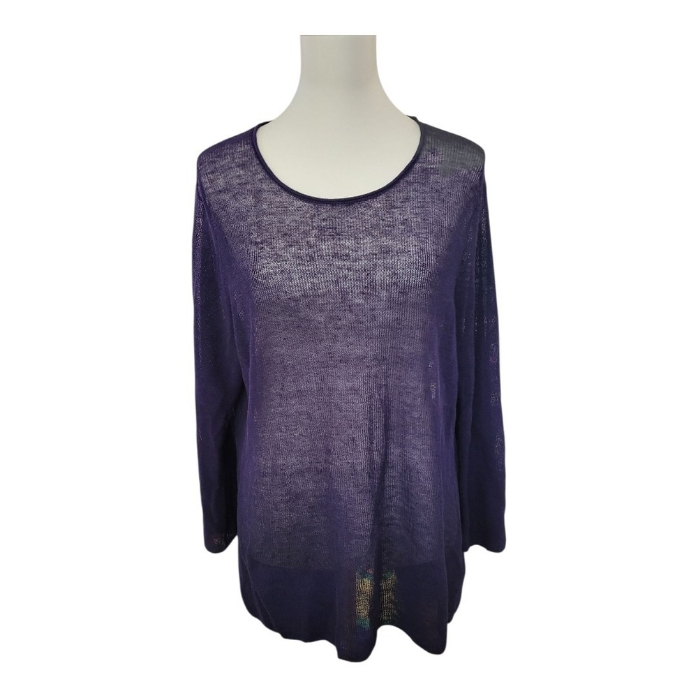 Eileen Fisher Sheer Purple Lightweight Knit Sweater Top L Large Organic Linen Co